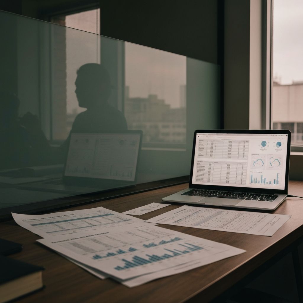 An analyst at a walnut desk reviewing private credit reports in warm window light.