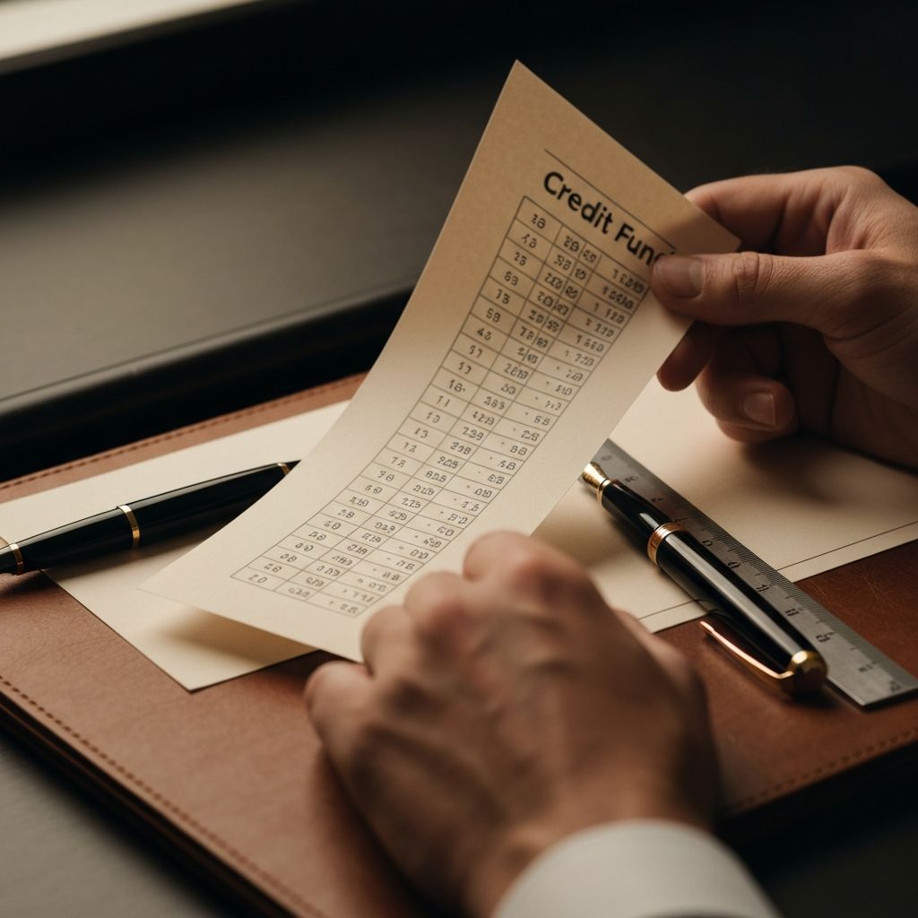 Close-up of hands reviewing a printed credit fund tear-sheet on a leather desk pad.