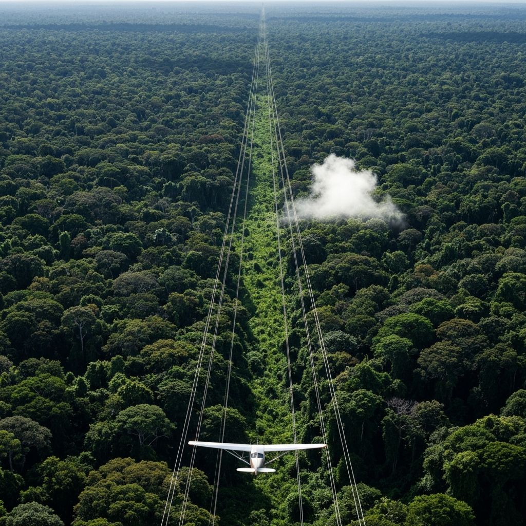 Aerial photograph at low altitude over a high-voltage transmission corridor cut through forest.
