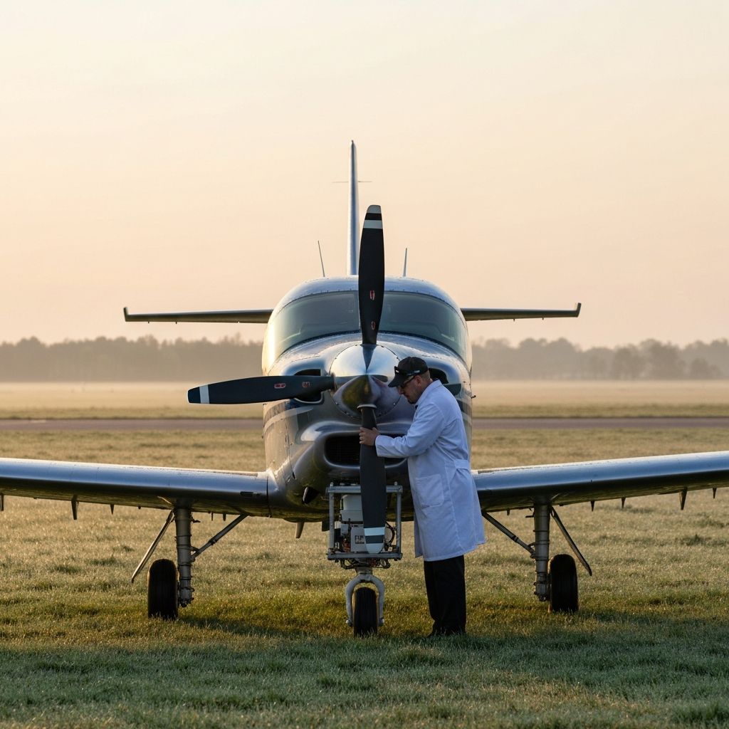 A small fixed-wing survey aircraft on a rural airfield at sunrise.
