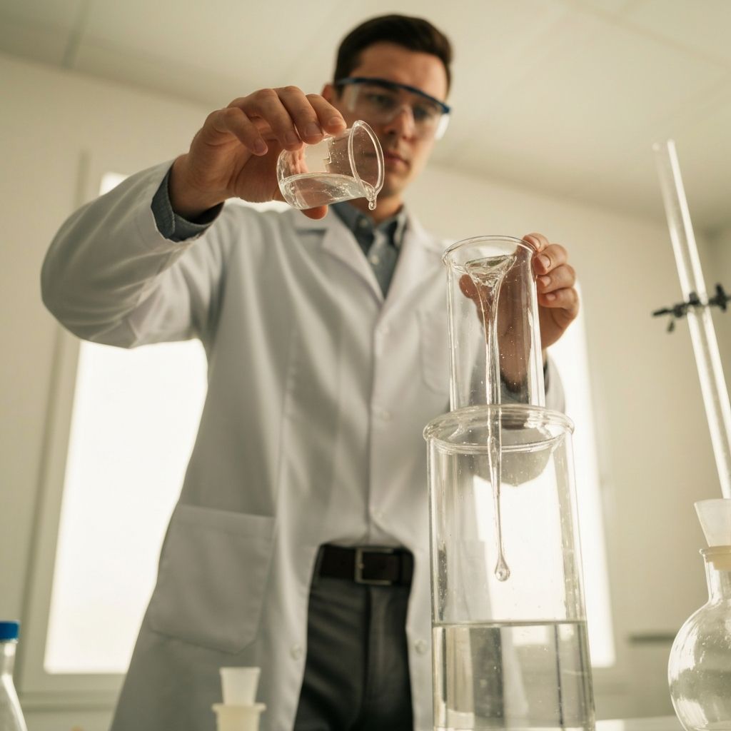 A gloved chemist holding a glass beaker of pale amber liquid to a laboratory window.