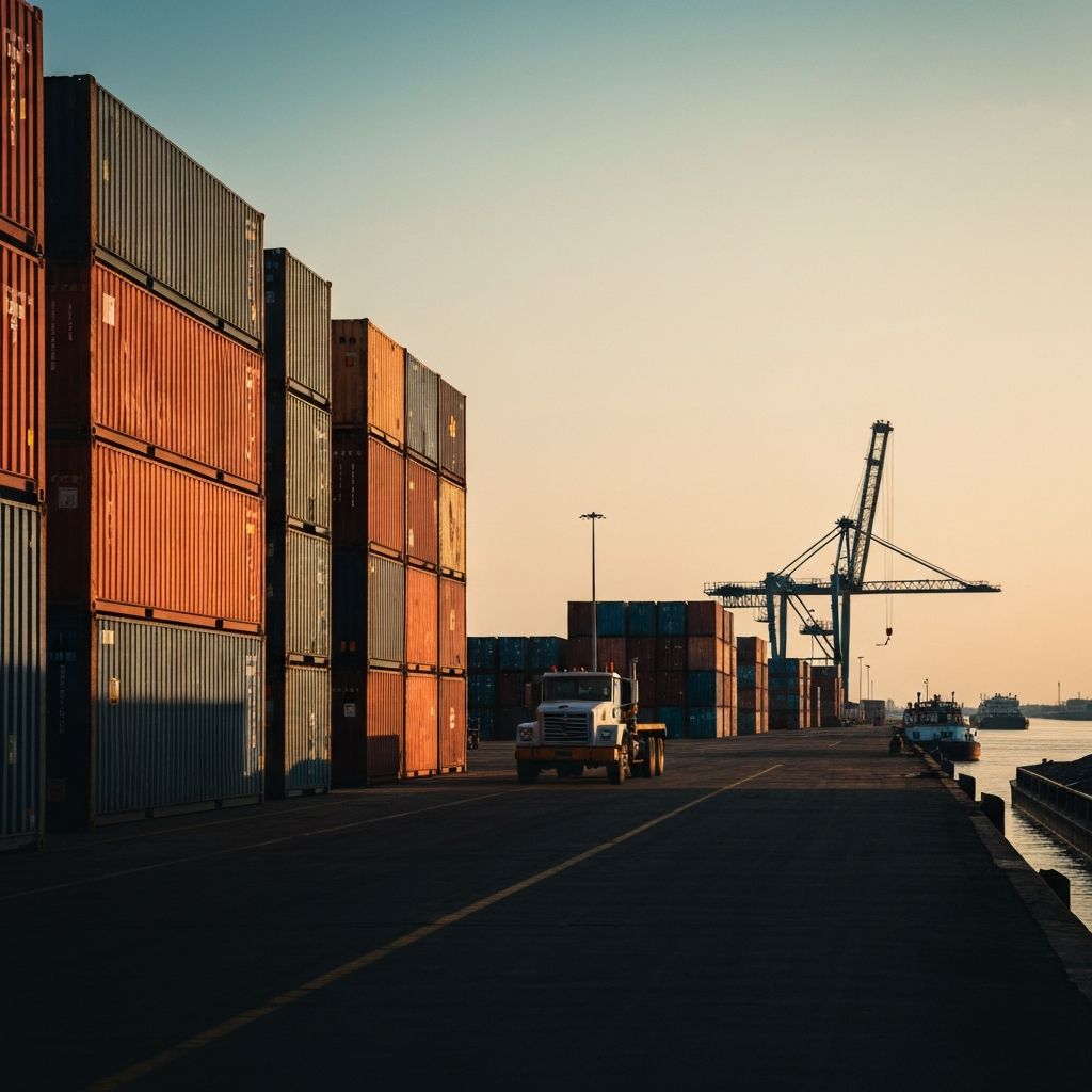 An inland river container terminal at golden hour with stacks of containers and a barge at the dock.