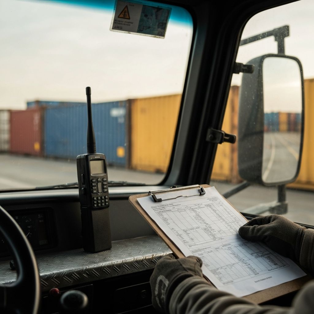 A close-up of a dispatcher's gloved hand holding a clipboard and a two-way radio inside a yard truck cab.