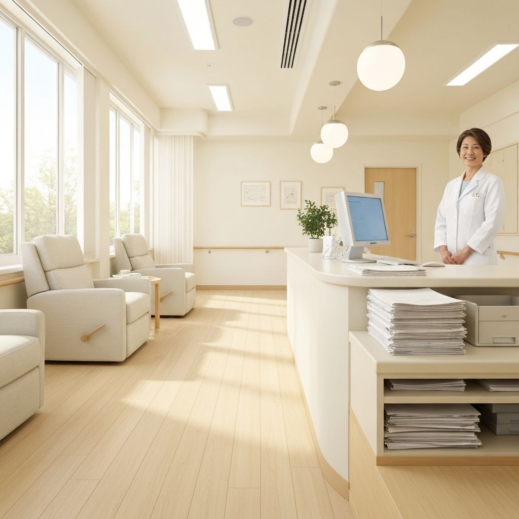 An early-morning infusion suite at a community oncology clinic, soft window light.