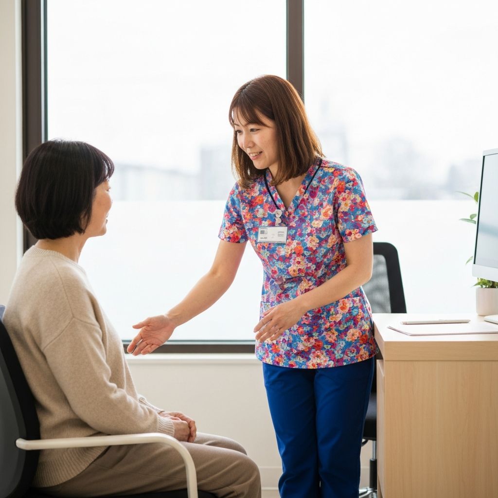 An oncology nurse writing on a paper chart beside a tablet at a wood-veneer desk.