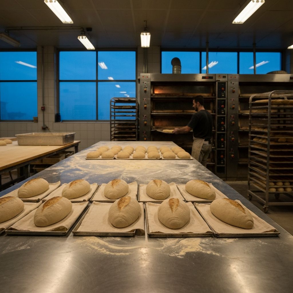 Interior of a production bakery before dawn with proofed loaves and a baker loading a deck oven.