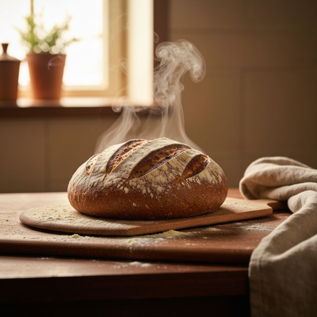 Close-up of a freshly baked country loaf on a wooden peel with steam rising.