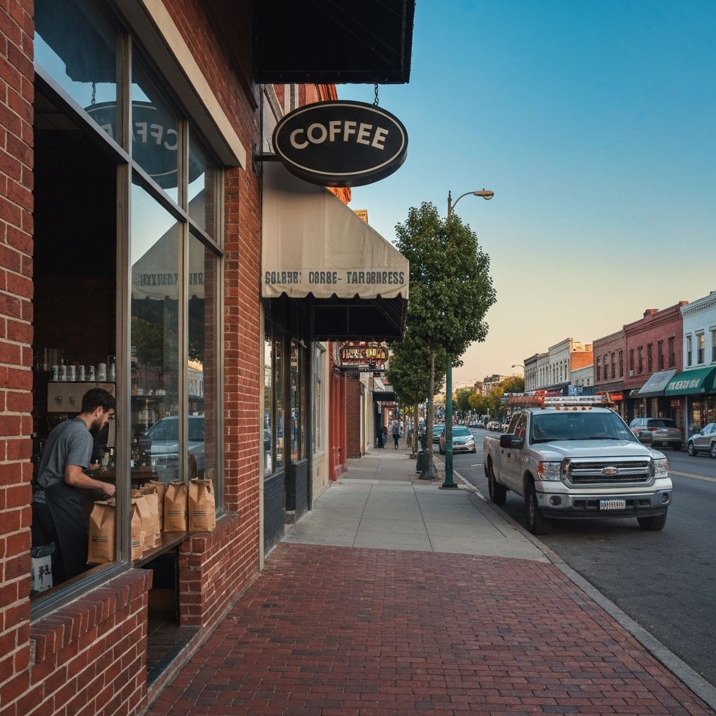 A small American main street at first light with a coffee shop, contractor's truck, and brick storefronts.