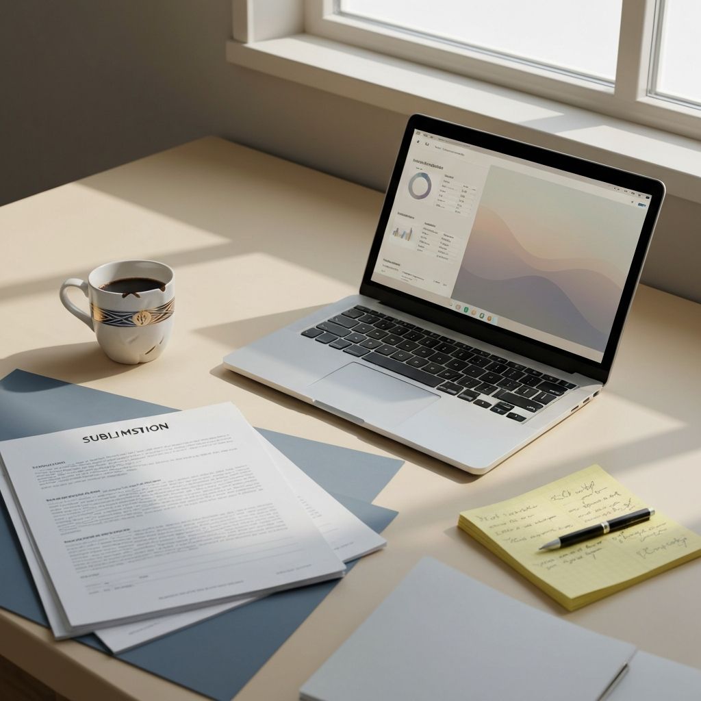 Overhead view of an underwriter's desk with submission paperwork, a laptop, a coffee cup, and a yellow pad.