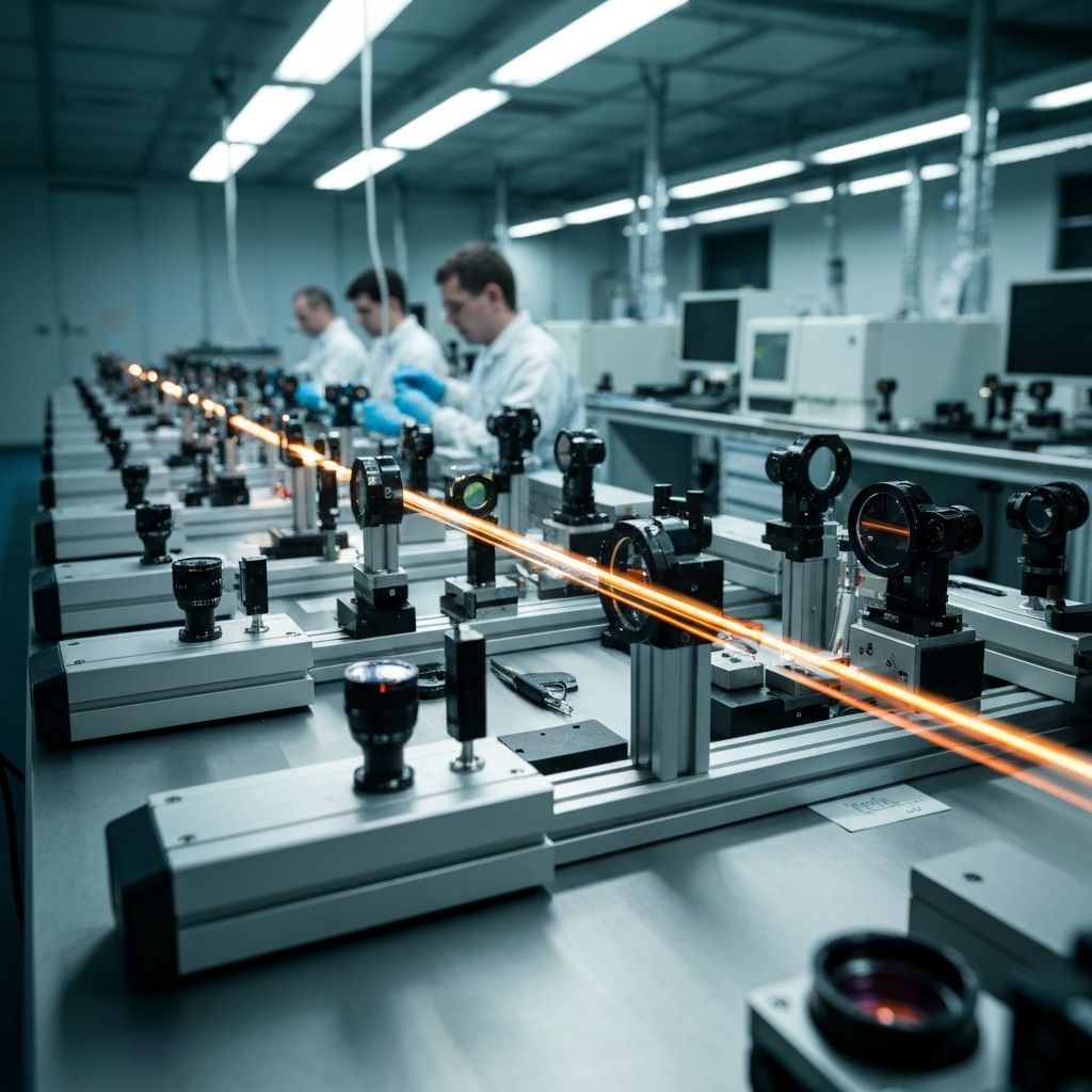 A precision optics shop with optical benches, green laser paths, and a gloved technician.