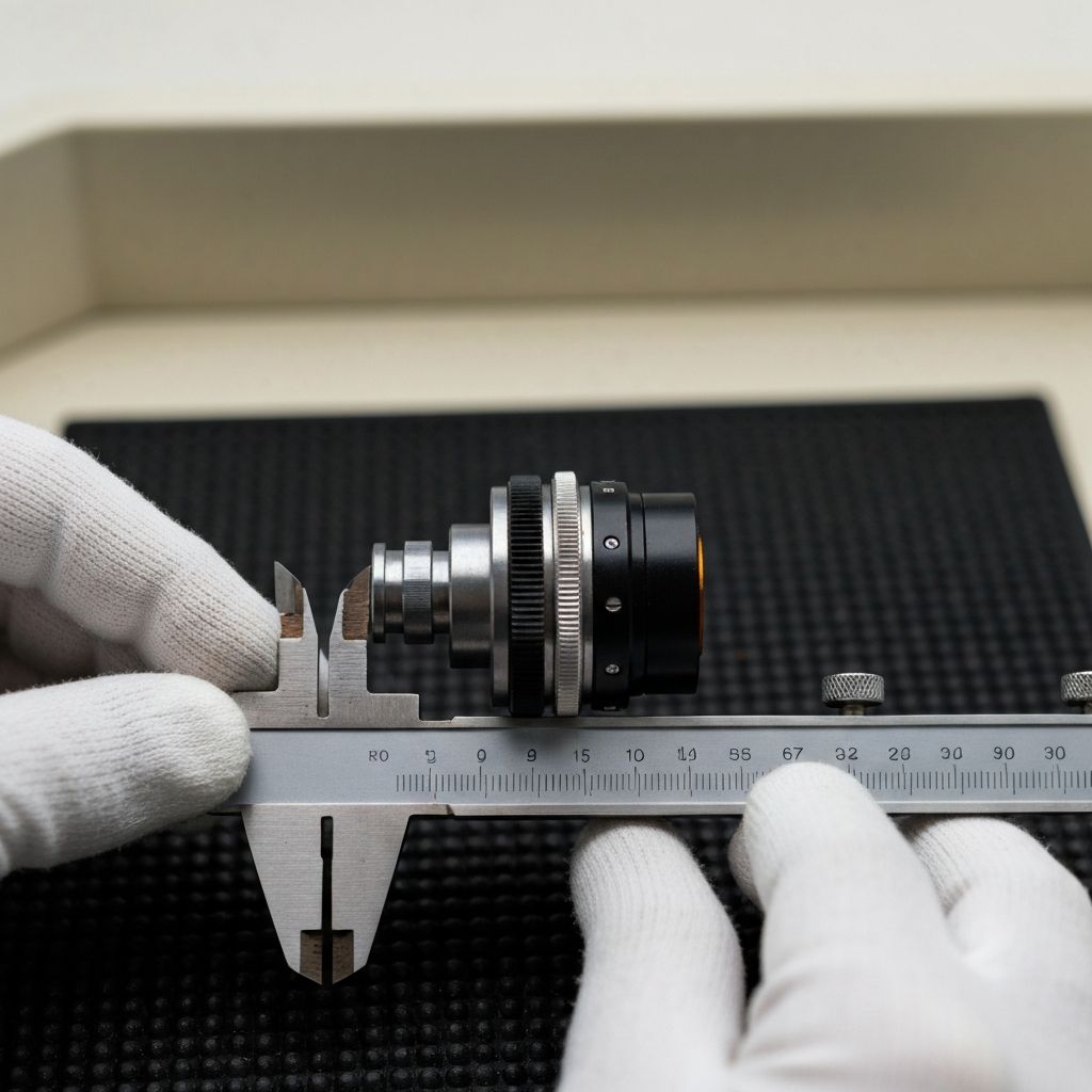 A precision lens assembly held in calipers by gloved hands over a black anti-static mat.